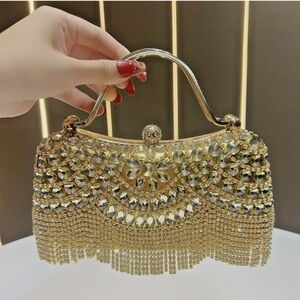 Gold Rhinestone Evening Clutch Bag with Handle Bridal Formal Party Purse Gift